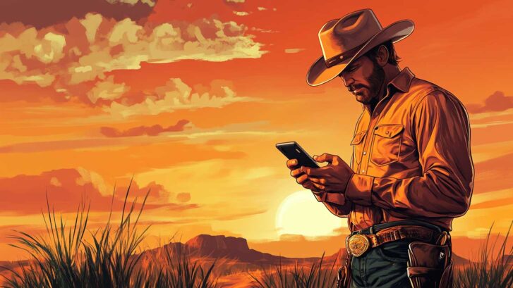 cowboy looking at phone